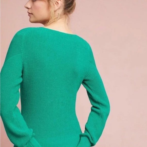 Anthropologie Moth Liza Surplice V Neck Faux Wrap Sweater Kelly Green Ribbed XSP - Picture 8 of 15